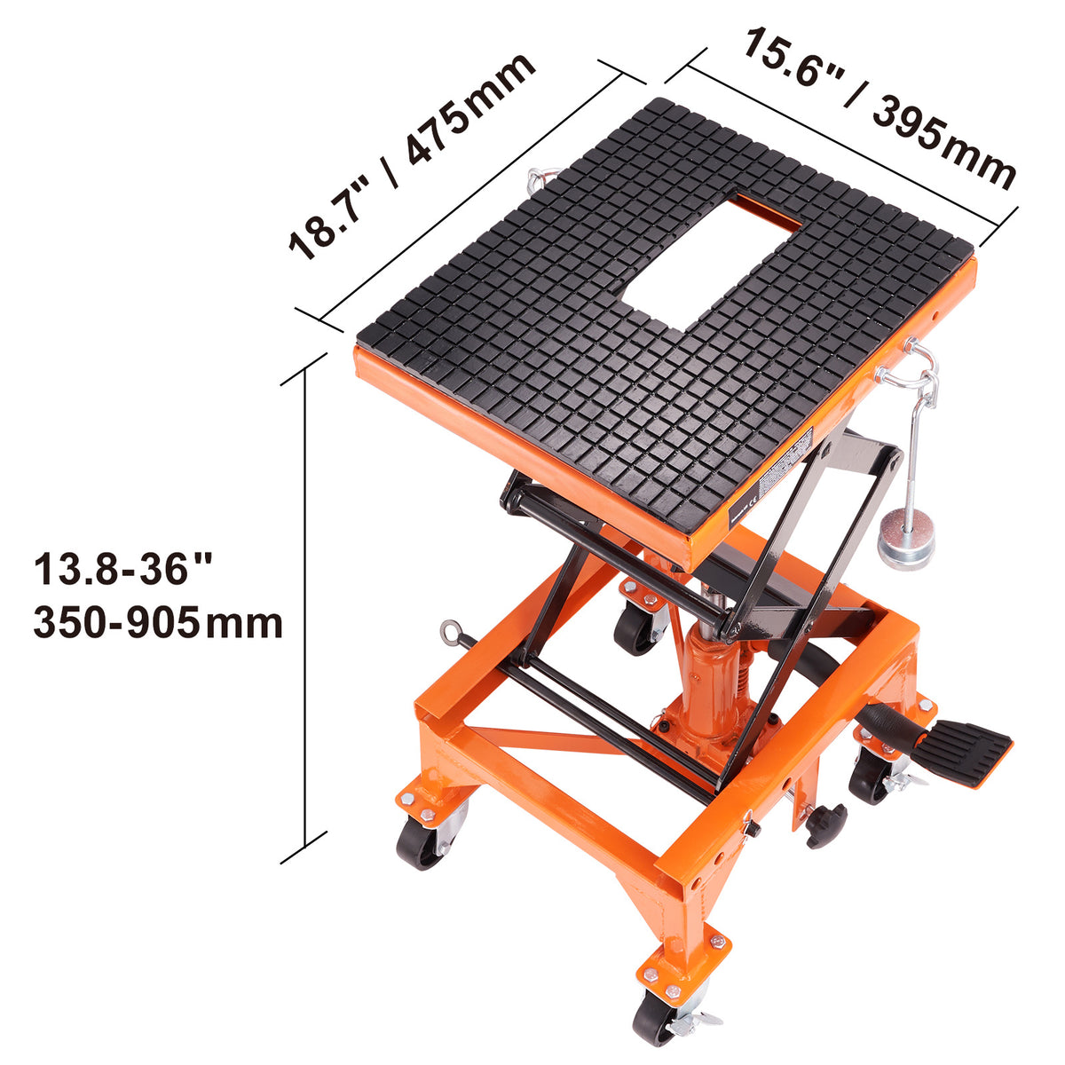 VEVOR Hydraulic Motorcycle Lift Table, 350 LBS Capacity Motorcycle Scissor Jack Lift with Wide Deck, J-hooks, 4 Wheels, Hydraulic Foot-Operated Jack Stand for ATV Dirt Bikes