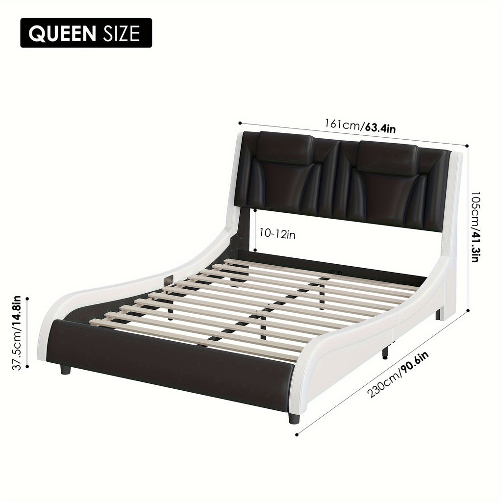 Upholstered Bed Frame Available in Full, Queen, And King Sizes Featuring an Adjustable Headboard, a Wavy Design, a Removable Backrest, And Solid Wooden Slats for Support, Eliminating The Need for a Box Spring, Offered in Faux Leather in White