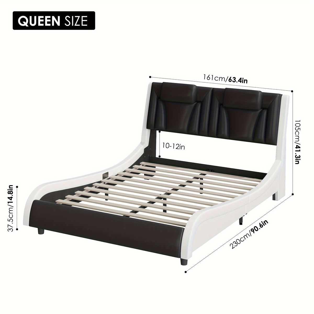 Upholstered Bed Frame Available in Full, Queen, And King Sizes Featuring an Adjustable Headboard, a Wavy Design, a Removable Backrest, And Solid Wooden Slats for Support, Eliminating The Need for a Box Spring, Offered in Faux Leather in White