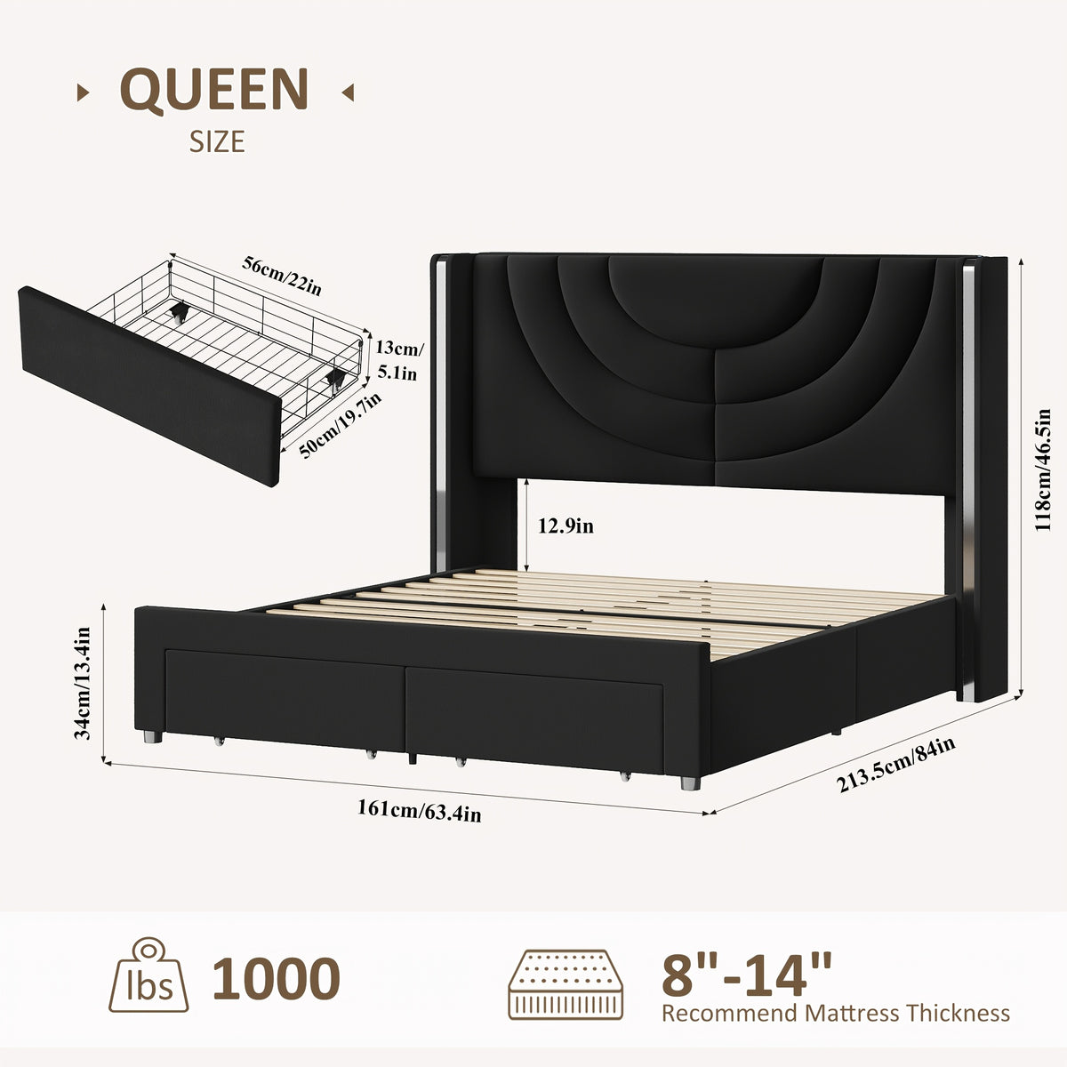 FULTRU Full/Queen/King Upholstered LED Bed Frame with 2 Storage Drawers, Velvet Platform Bed with Wingback Headboard, Solid Wooden Slats Support, No Box Spring Needed, Headboard Splicing Design, Halloween Home Decoration, Christmas Gifts