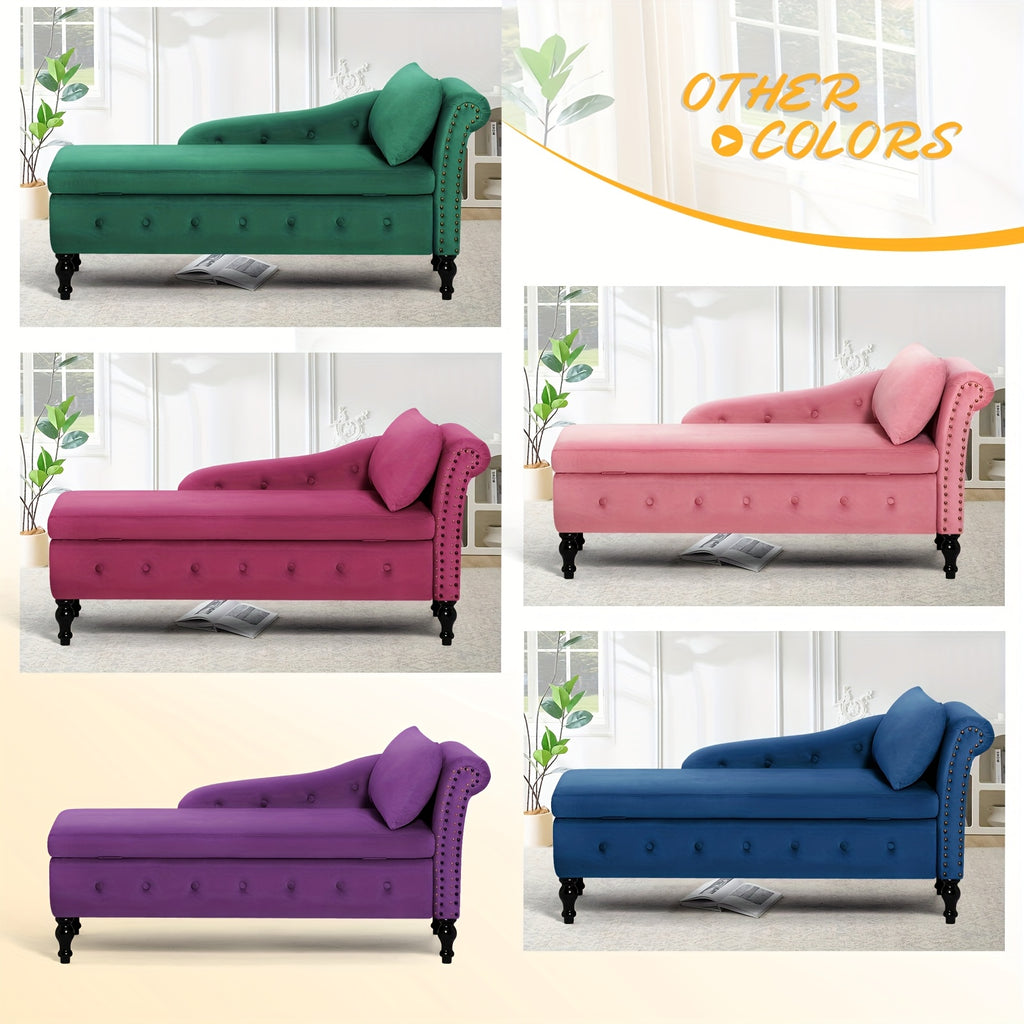 ACMEASE 57" Velvet Upholstered Storage Chaise Lounge With Pillow, Nailhead Trim Chaise Sofa For Living Room