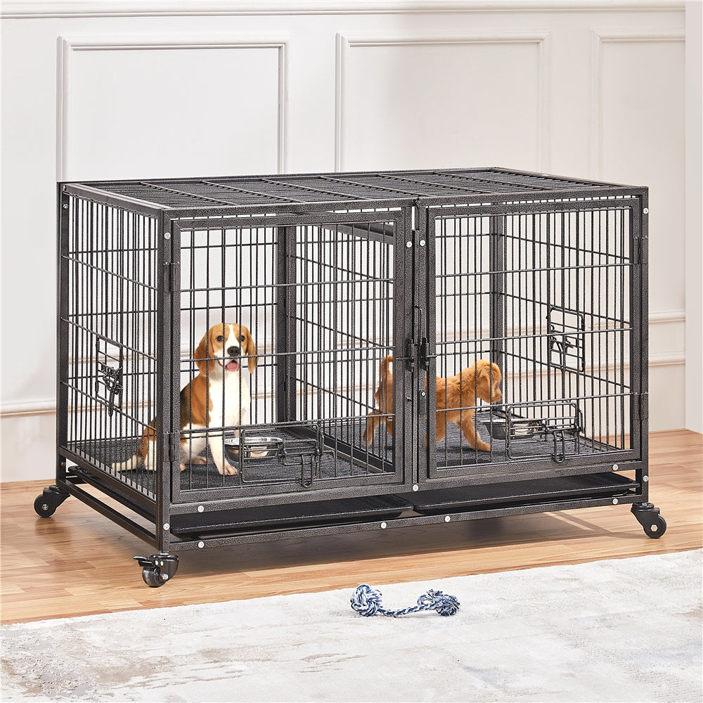 Costoffs Halloween 29/35"H Rolling Dog Crate Rolling Heavy Duty Dog Cage with 2 Stainless-steel Bowls, Removable Divider, 2 Pull-out Trays for Dogs, Black