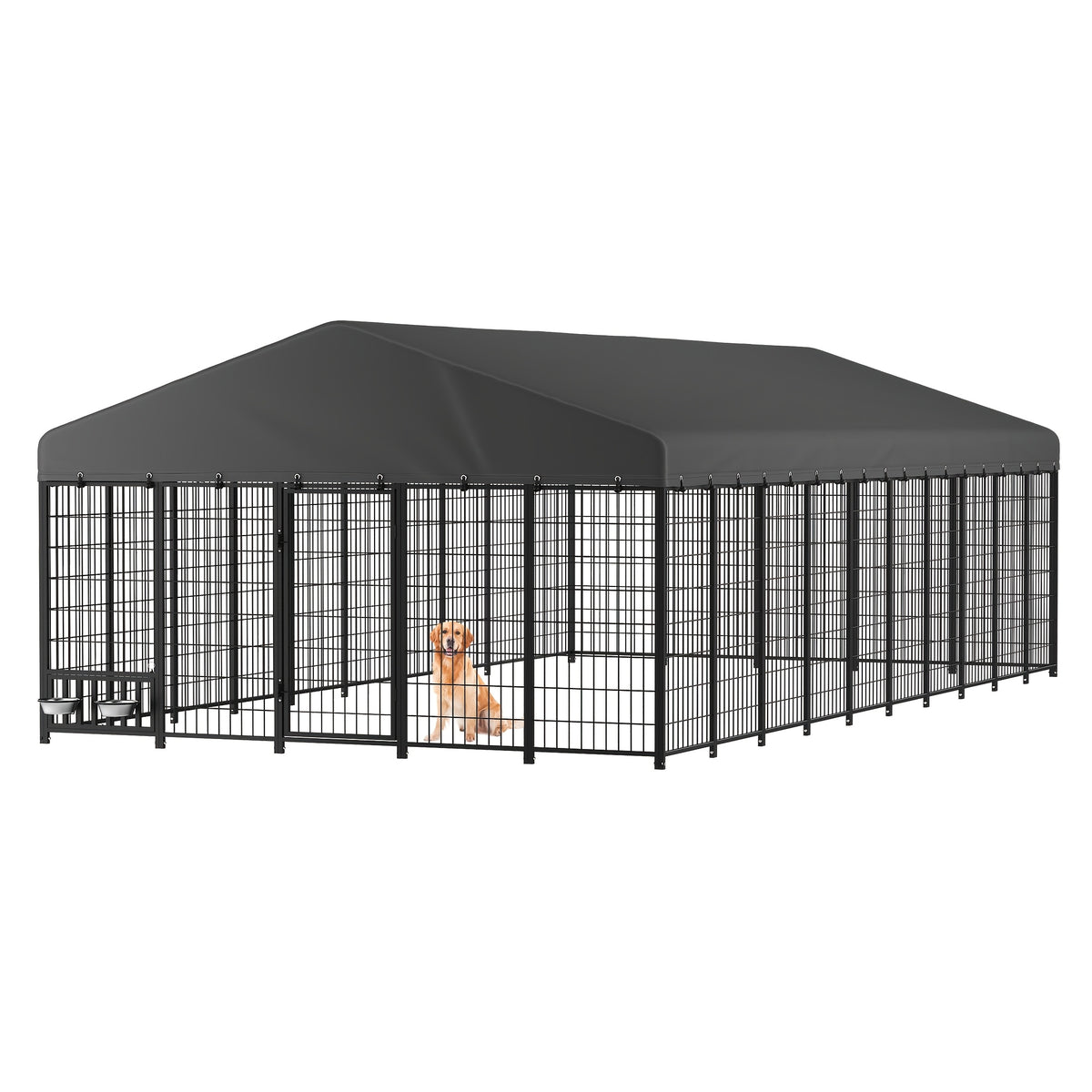 Heavy Duty Outdoor Dog Kennel for Yard, 10x10 Large Chain Link Fence with Roof, Dog Run Enclosure with Self-Locking Latch & Feeding Bowl