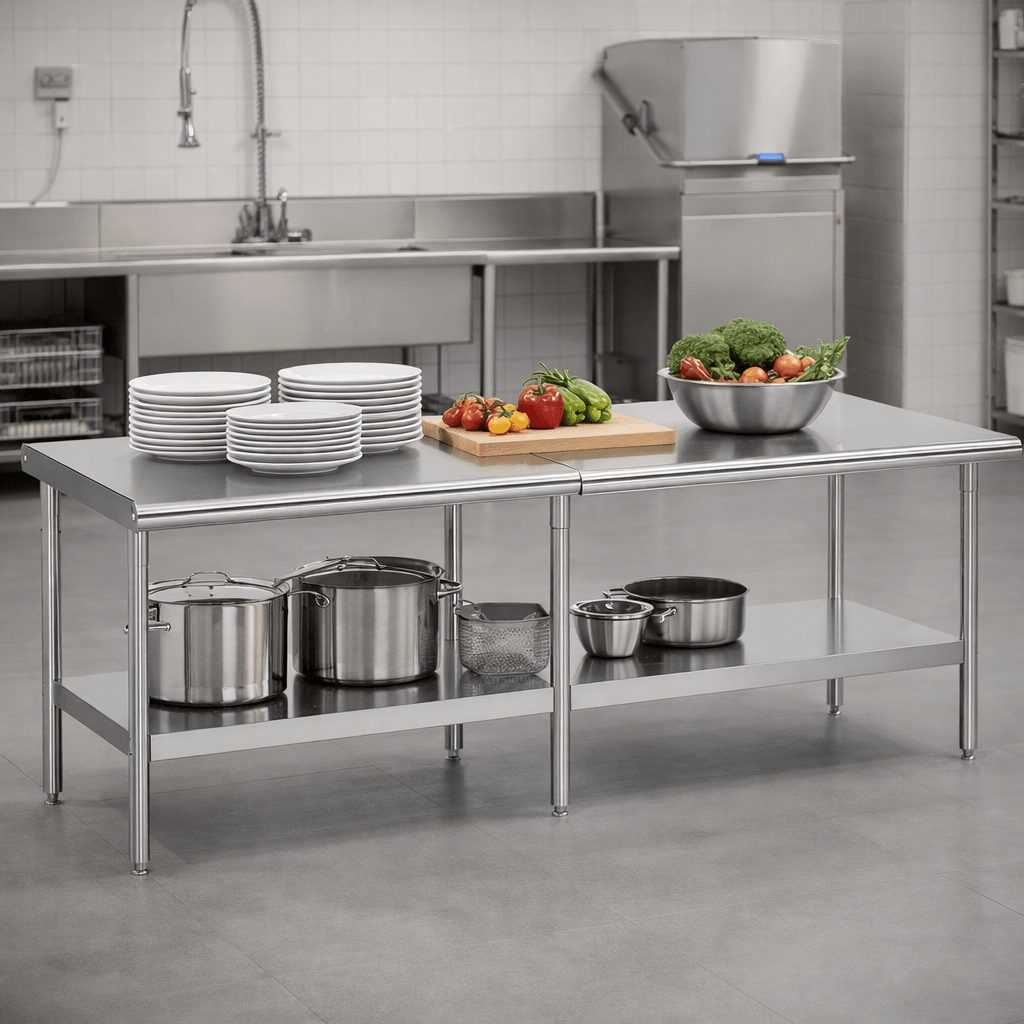 30×48–30×108 Inch Stainless Steel Commercial Work Table with Rounded Corners Adjustable Shelf And Feet for Kitchen Garage Gardening