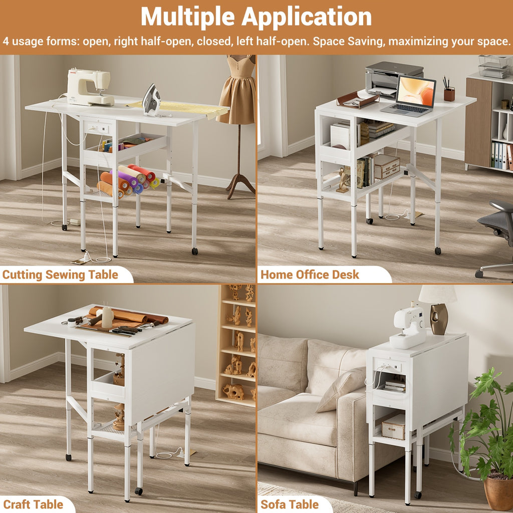 50" Foldable Sewing Cutting Table with Charging Station | Height Adjustable, Metal Frame, Storage Space, Suitable for Sewing and Craft Rooms, Mixed Color, ISUNIRM