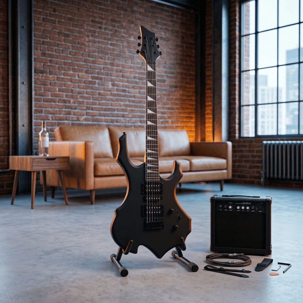 39 Inch Full-Size Matte Black Flame Electric Guitar Starter Kit with H-S-H Pickups, Techwood Fingerboard & Built-in Amp Suitable for Practice, Recording, Performances - Complete Guitar System for Beginners