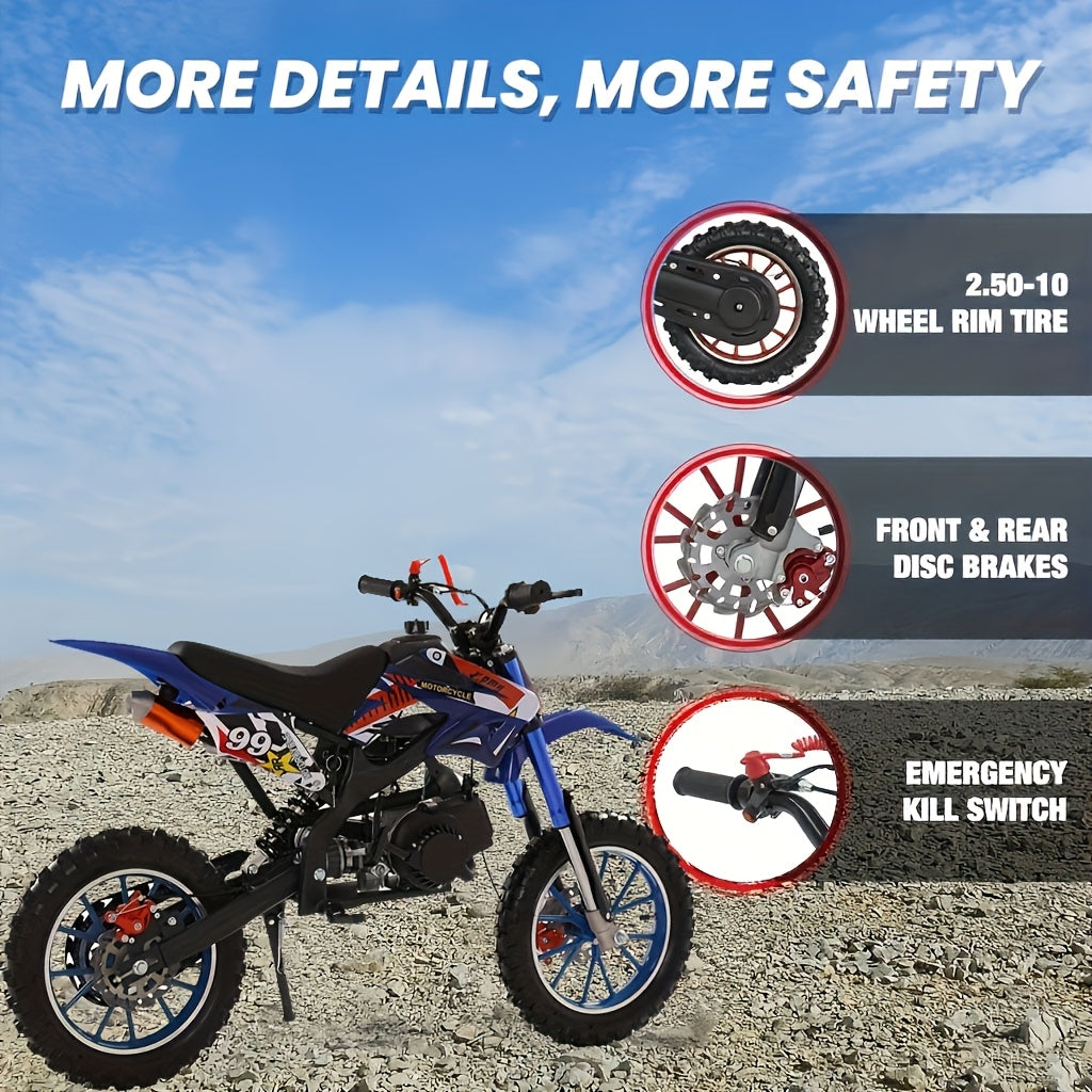 Gas Dirt Bike 49CC 2-stroke Off-road Vehicle, Mini Bike Gas Powered Motorcycle Off-road Race, Off-road Mini Motorcycle, Gas Off-road Motorcycle Go Kart, Gas Off-road Vehicle with A Load Capacity Of 300 Pounds Dirt Bike