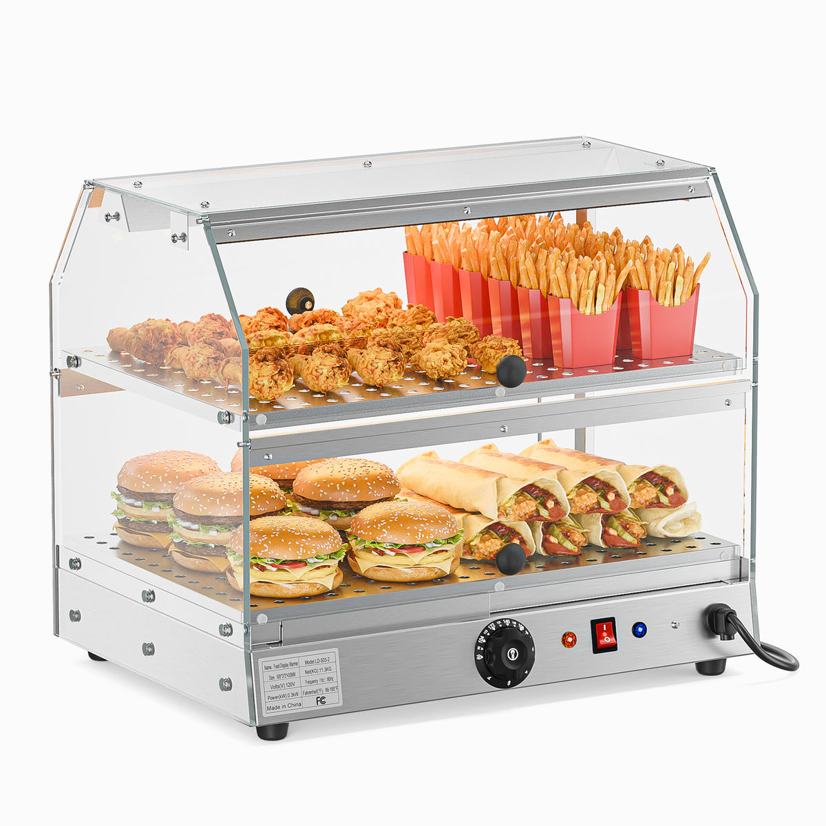 2-Tier Food Warmer Pizza Warmer Countertop, Food Warmer Display Pretzel Warmer with LED Lighting Front and Rear Doors, Electric Catering Hot Box Acrylic for Buffet Restaurant Cafe