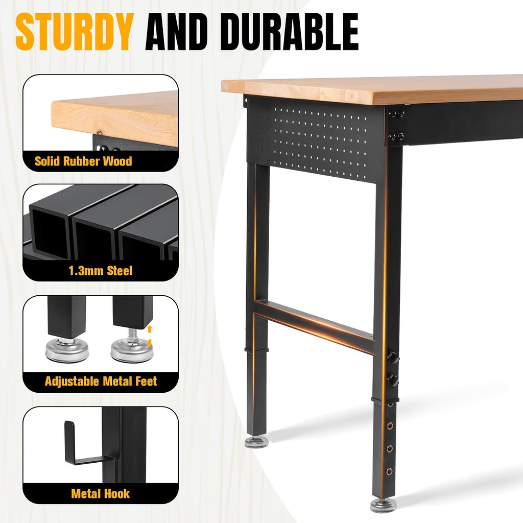 MUWOOD 48" 60" 96" Adjustable Workbench with Power Outlet, Heavy Duty Garage Table, 2000/5000 LBS Load, Pegboard & Thick Rubber Wood Top, Height Adjustable 28"-40" for Workshop, Home, Office