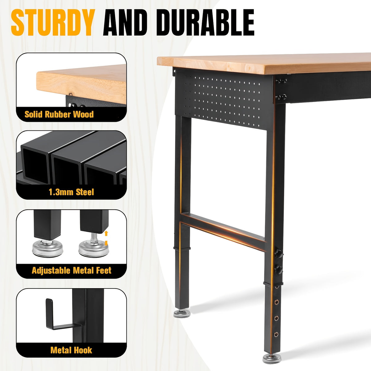 MUWOOD 48" 60" 96" Adjustable Workbench with Power Outlet, Heavy Duty Garage Table, 2000/5000 LBS Load, Pegboard & Thick Rubber Wood Top, Height Adjustable 28"-40" for Workshop, Home, Office