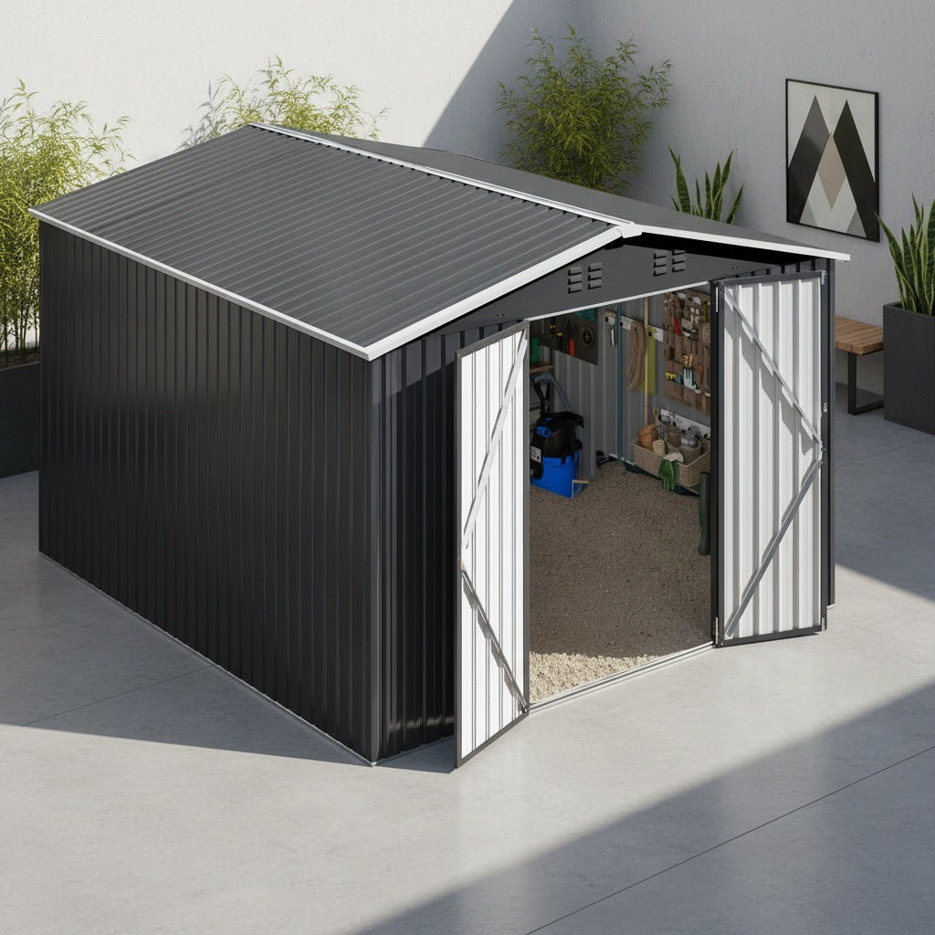 5x3-12x14ft Outdoor Storage Shed, Metal Garden Shed with Updated Frame Structure, Tool Sheds for Backyard Garden Patio Lawn, Black Or White