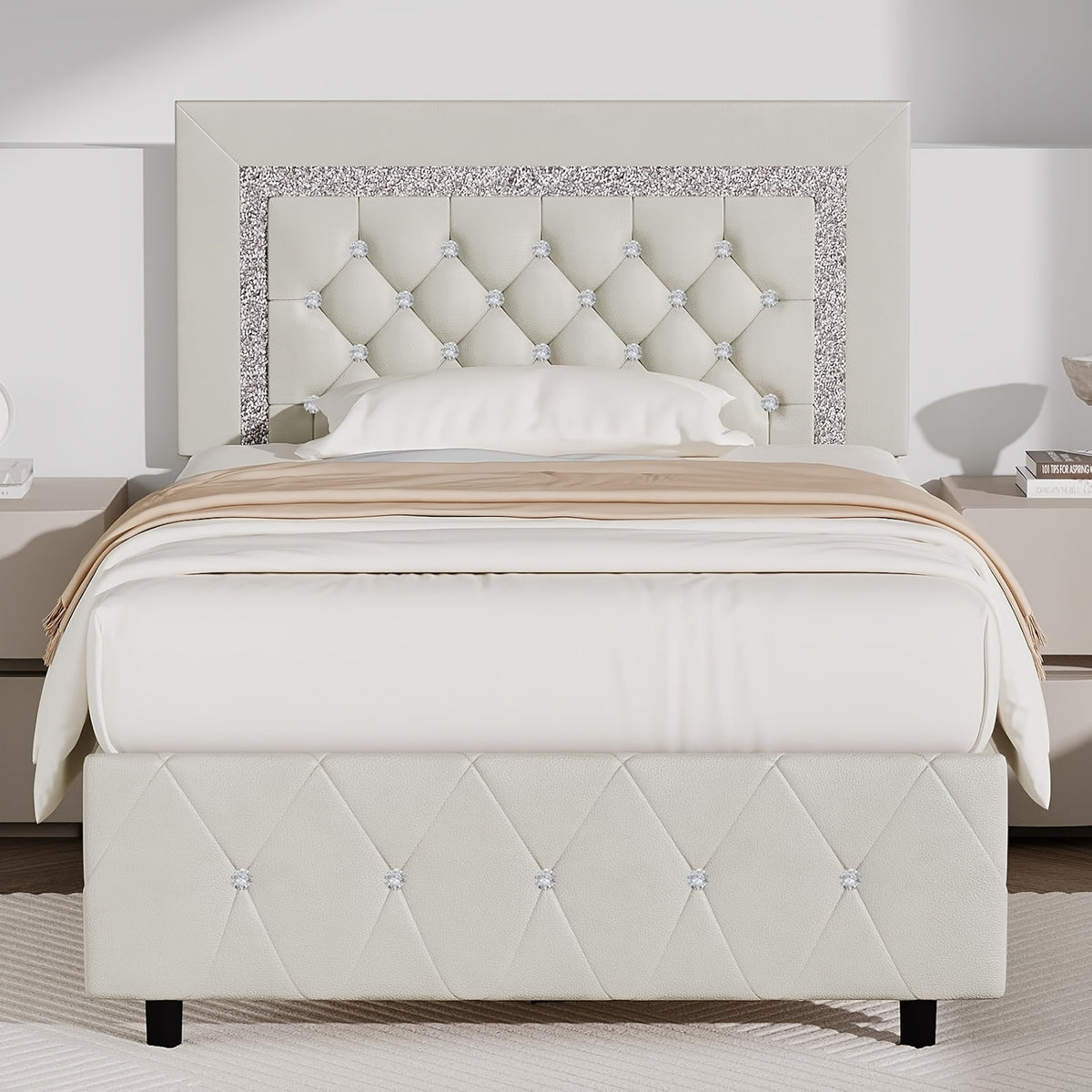 HOMBCK Twin Full Queen King Bed Frame, Padded Platform Bed with Button Tufting Headboard, Princess Platform Bed with Diamond Design, Halloween Decoration, Wooden Strip Support, No Spring Box Needed, Easy to Assemble, Pink/White/Black/Beige