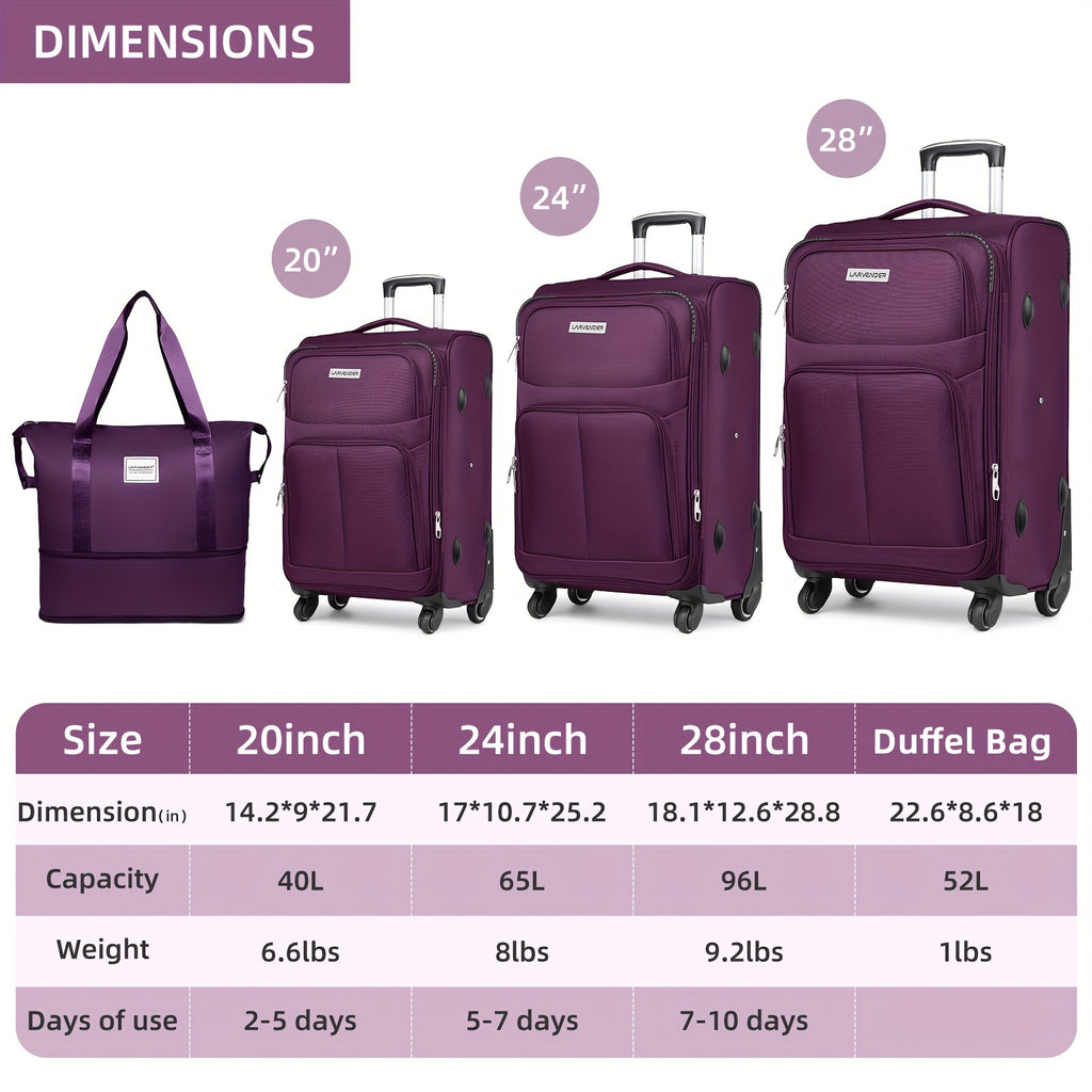 5pcs Soft Luggage Collection Including a Duffel, a 20-Inch Carry-On, And 24 & 28-Inch Expandable Rolling Suitcases, Featuring Rotating Wheels, Lightweight Design, Tsa-Approved Lock, in Purple Color