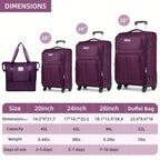 5pcs Soft Luggage Collection Including a Duffel, a 20-Inch Carry-On, And 24 & 28-Inch Expandable Rolling Suitcases, Featuring Rotating Wheels, Lightweight Design, Tsa-Approved Lock, in Purple Color