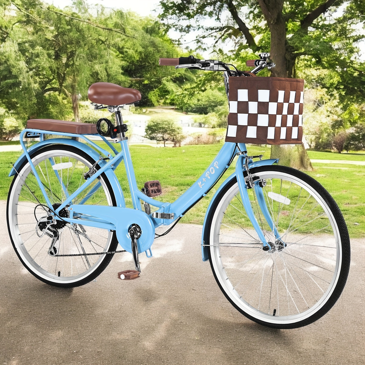 26" Foldable Beach Bike with Basket for Women - Lightweight 7-Speed Urban Commuter Bicycle, Adjustable Waterproof Seat, Detachable Rear Soft Saddle, Aluminum Alloy Wheels, Multiple Colors (Blue, Pink, Green, White), Easy Storage Bike | Checkered Board Bas