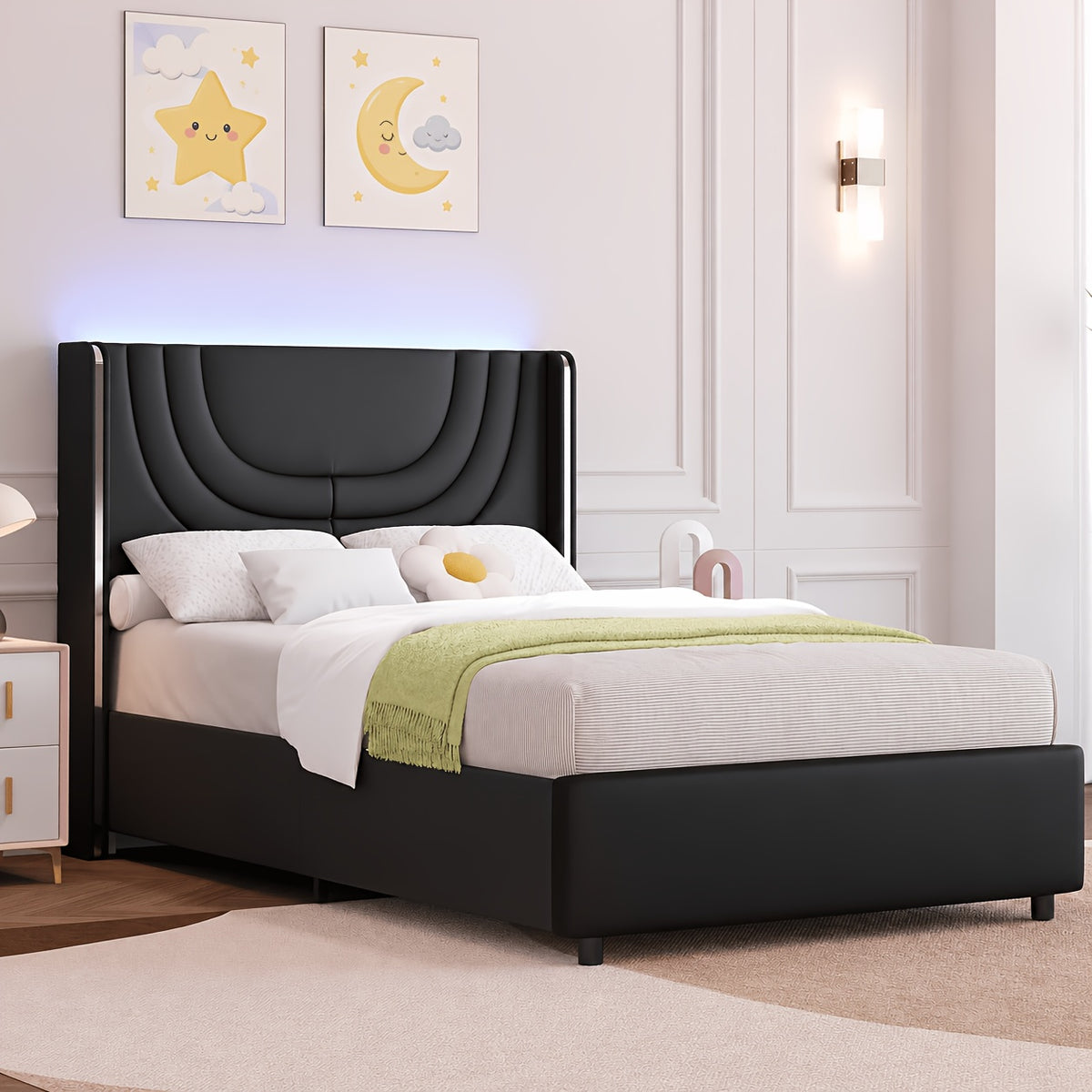 Twin Full Queen Size Bed Frame with LED Lights, Bed with Headboard And Wingback, Headboard Splicing Design, No Box Spring Needed, Easy Assembly, Pink/Beige/Black