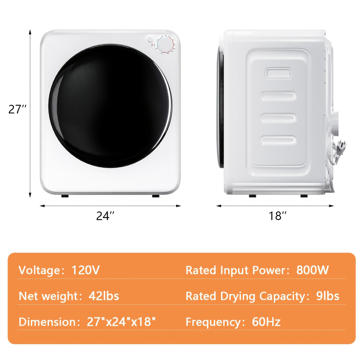 [Portable Compact Dryer] 2.6 Cu.Ft Portable Clothes Dryer, Compact Dryer With Stainless Steel Tub, 5 Modes Auto Stop & Easy Control Electric Dryers, Ideal For Laundry, Apartments, Dorms, RVs, White