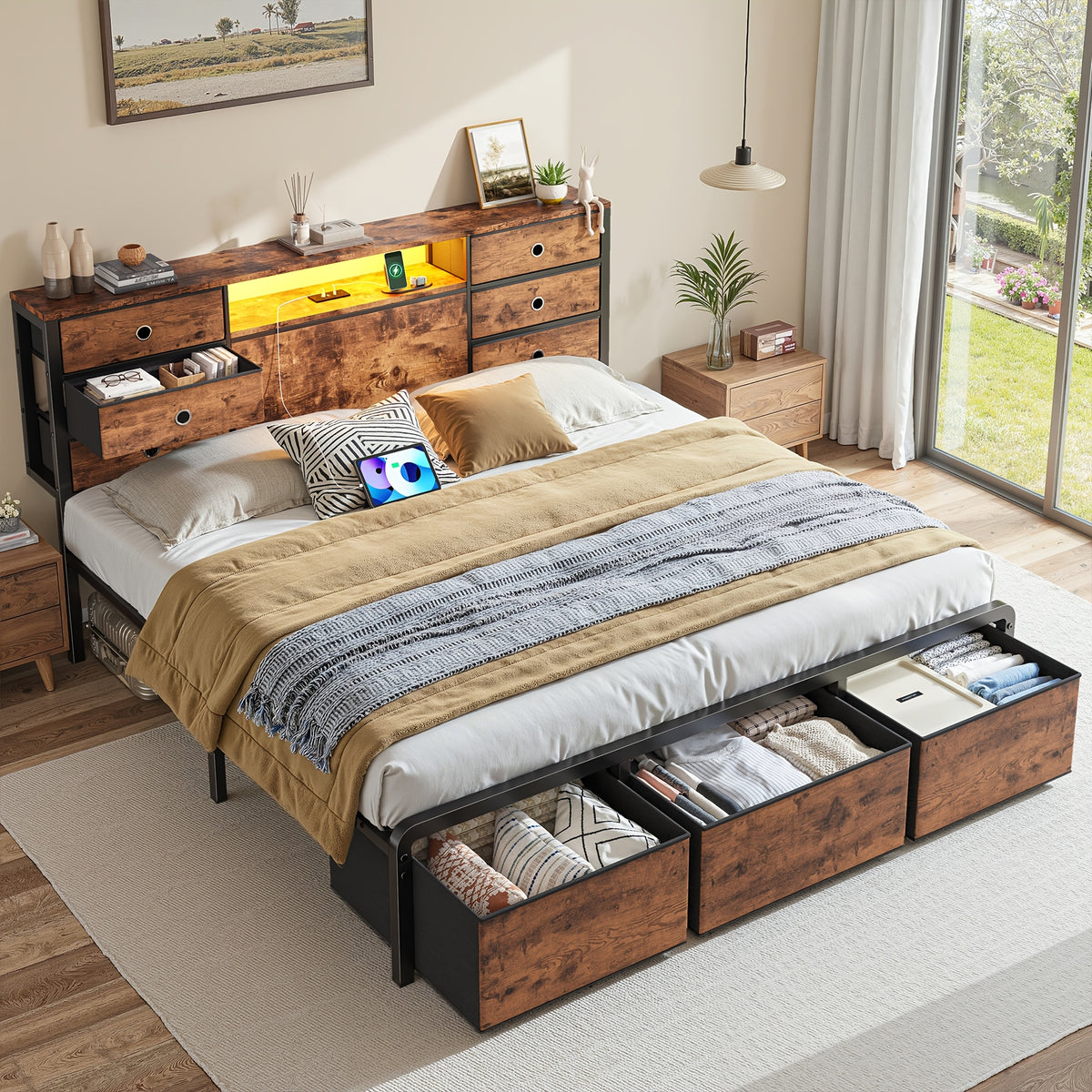 King/Queen/Full Size Storage Bed Frame With 8/9 Drawers & Headboard Storage, Strong Load-Bearing, Multi-Color LED & Power Outlet, Noiseless, Easy Assembly, Black & Tiger Brown