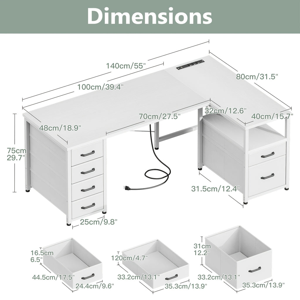 55-inch L-shaped Computer Desk with 6 Fabric Drawers and Power Outlets, Featuring a Flip-up Storage Shelf and File Drawer, a Home Office Corner Desk