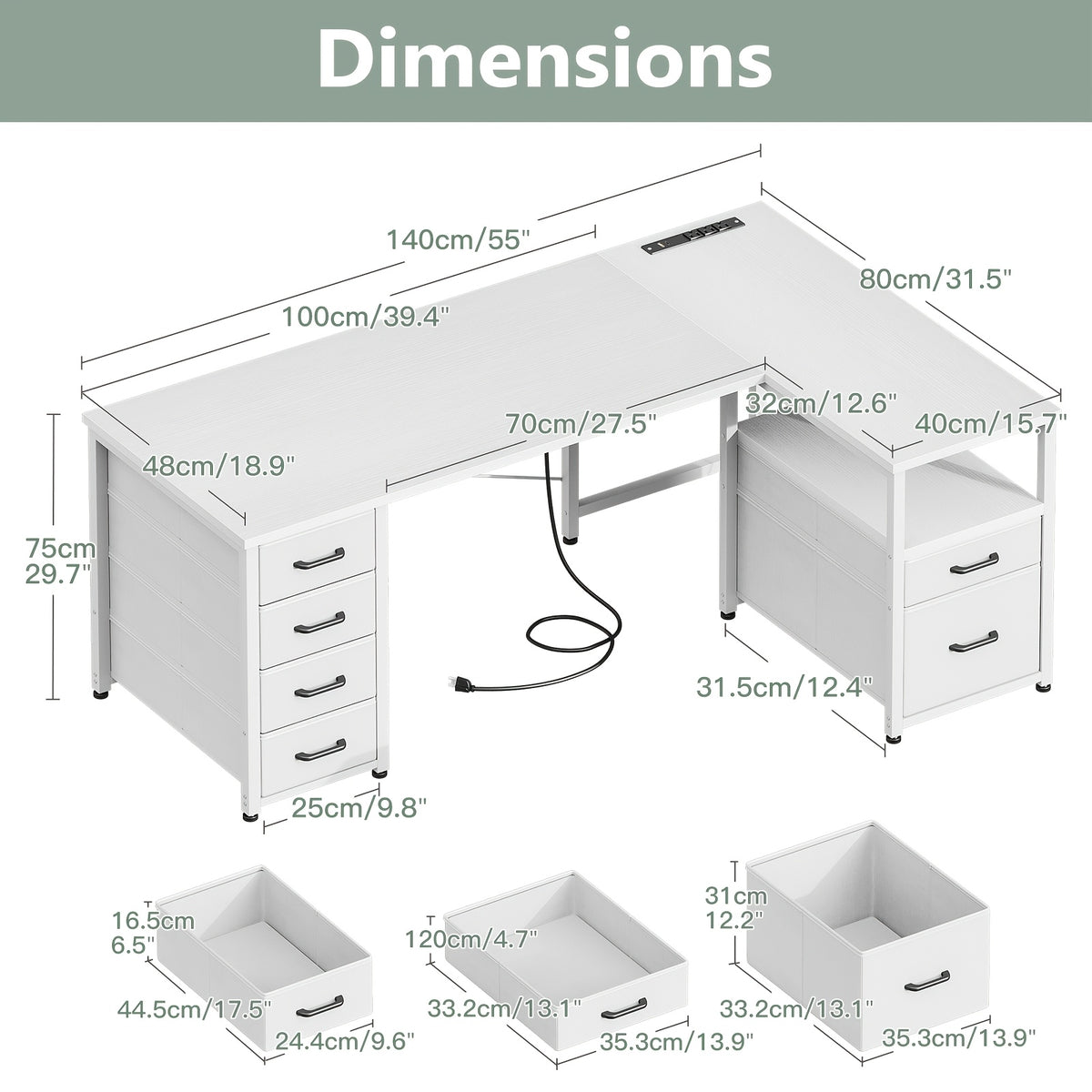 55-inch L-shaped Computer Desk with 6 Fabric Drawers and Power Outlets, Featuring a Flip-up Storage Shelf and File Drawer, a Home Office Corner Desk