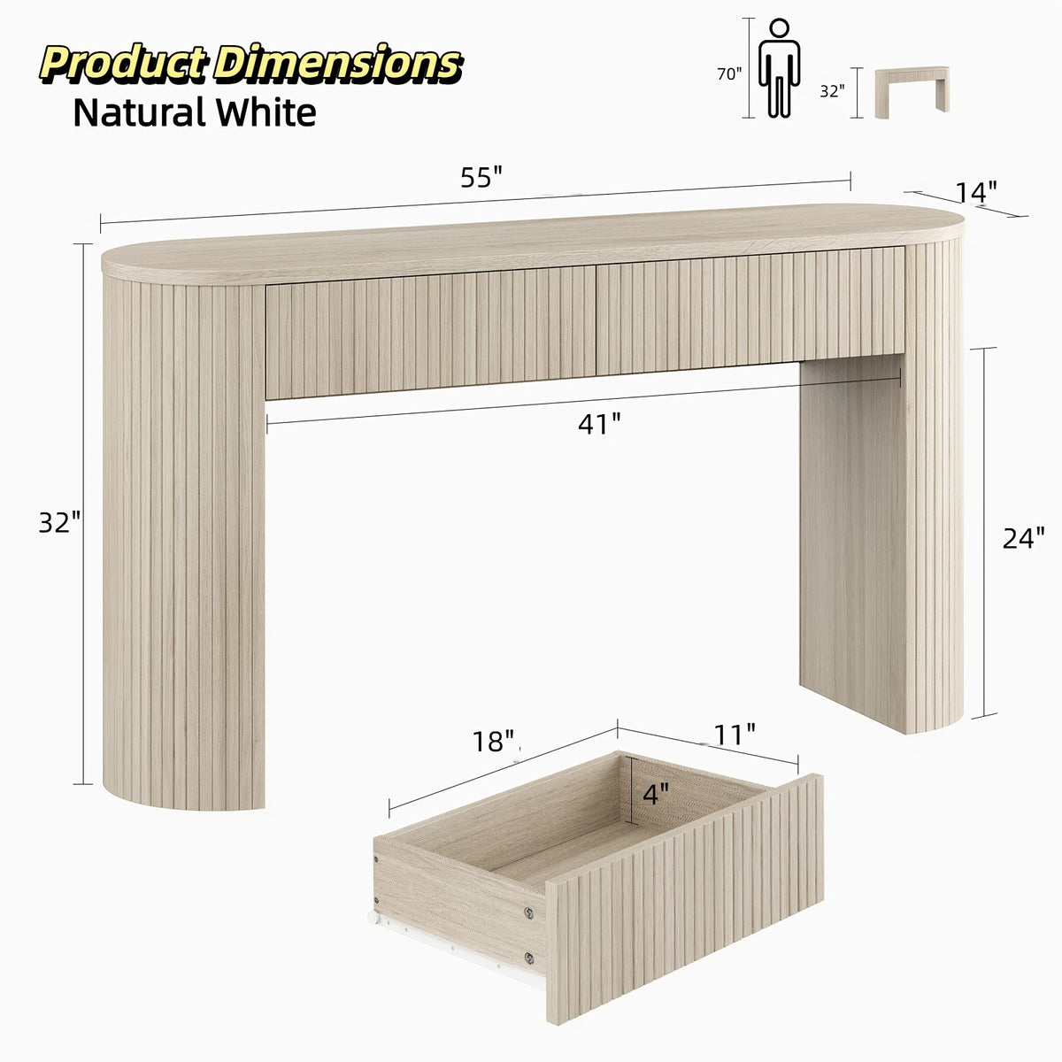 Console Table for Entryway or Behind the Sofa with Two Storage Drawers and a Clean Fluted Front Design
