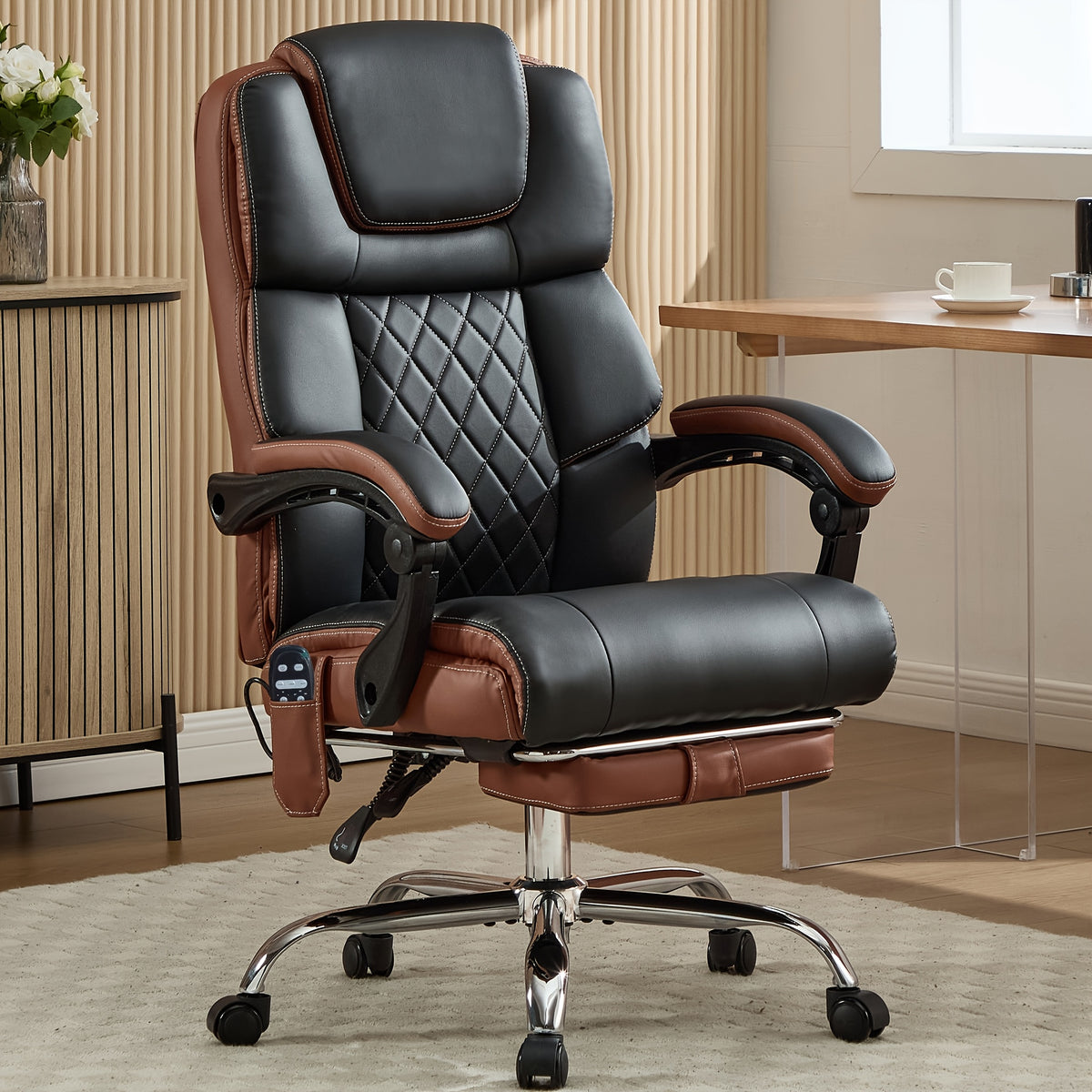Capacity, Massage Office Chair With Footrest, Vibration And Heating Function Leather Recliner, Heavy-Duty Executive Tall Computer Chair For Large Individuals, Height-Adjustable Ergonomic Chair