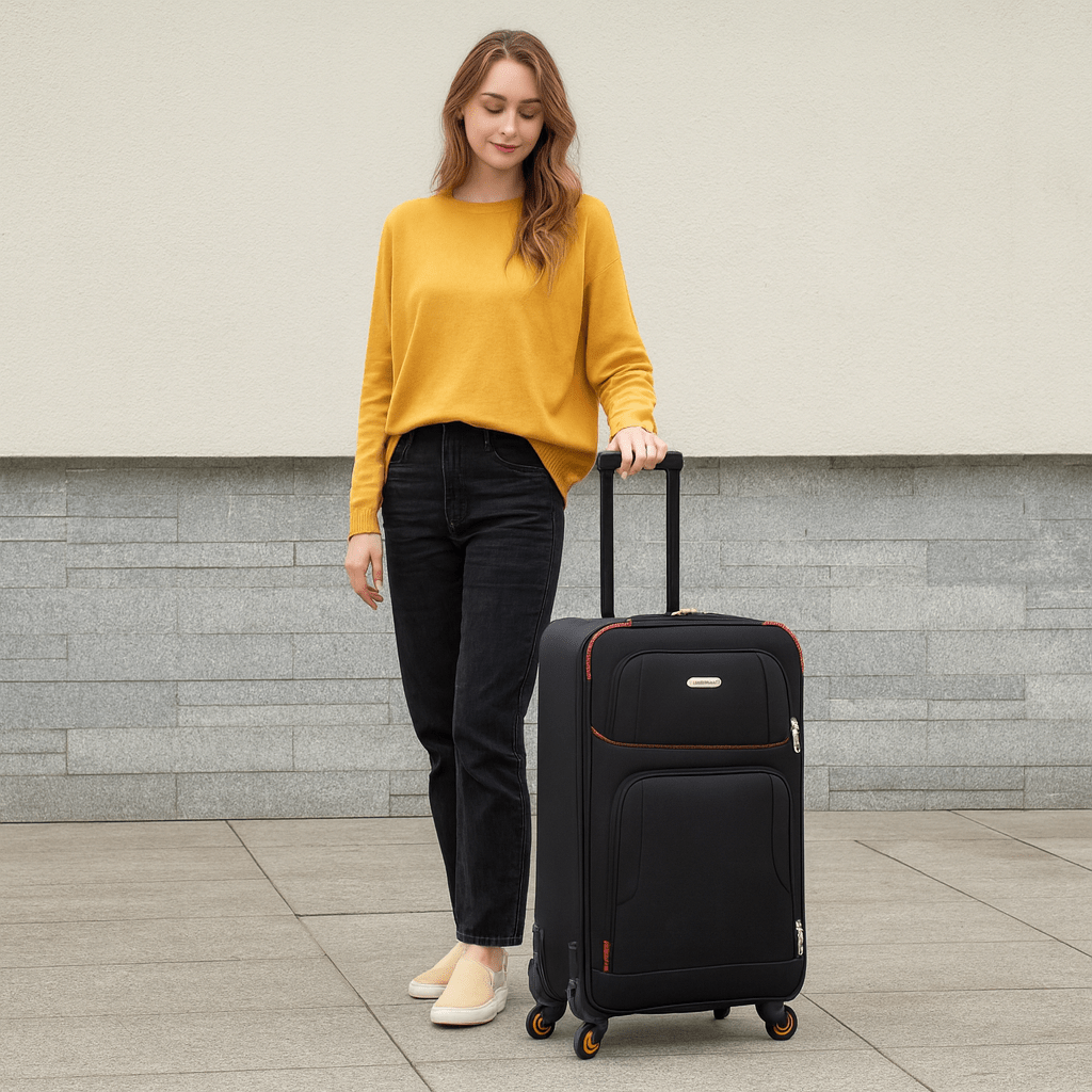 4-Piece Softside Spinner Suitcase Set – Lightweight Expandable Luggage with 360° Wheels, Telescopic Handles, & Multi-Pocket Design – Black, Burgundy, Navy