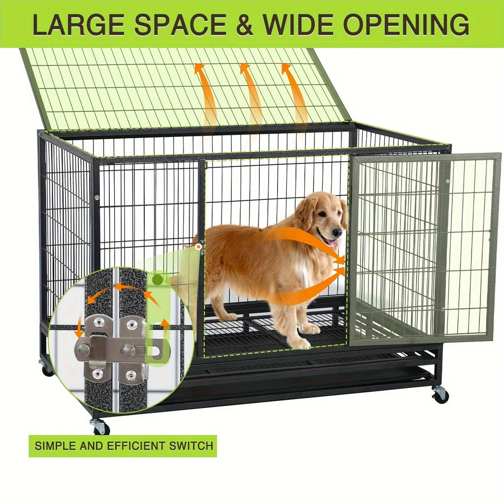 Heavy Duty Dog Crates for Large Dogs, Dog Crate Metal Wire Dog Kennel Double Door Dog Cage with Lockable Wheels and Plastic Tray for Extra Large XL XXL Dog Indoor Outdoor
