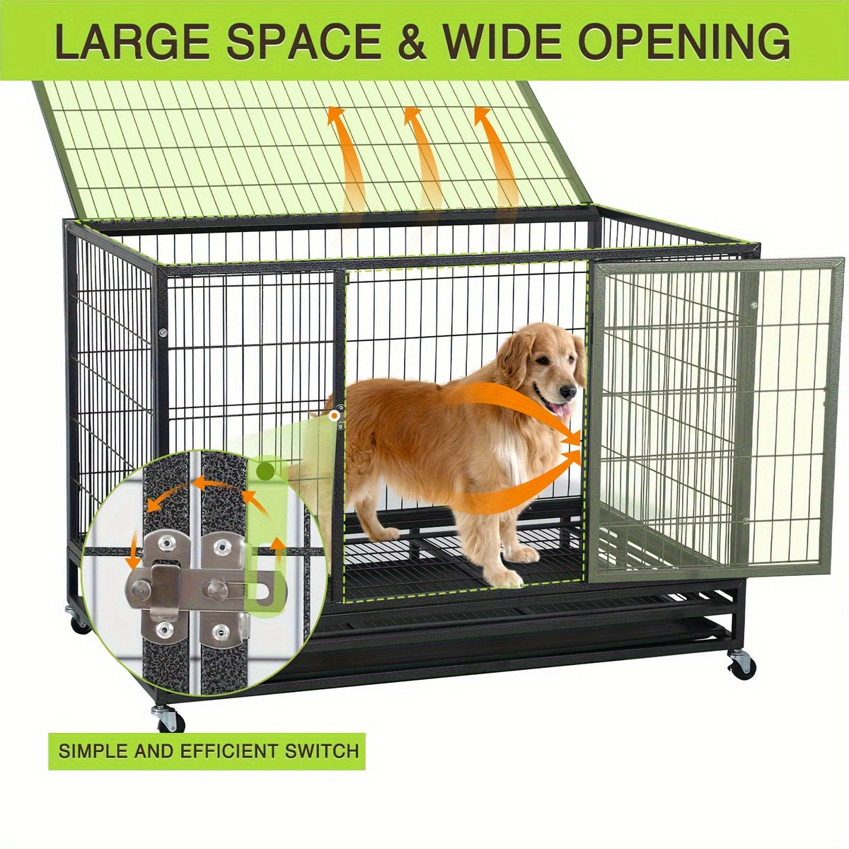 Heavy Duty Dog Crates for Large Dogs, Dog Crate Metal Wire Dog Kennel Double Door Dog Cage with Lockable Wheels and Plastic Tray for Extra Large XL XXL Dog Indoor Outdoor