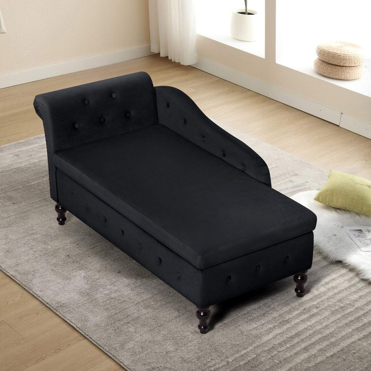 ACMEASE Classic Nailhead Trim Velvet Storage Chaise Lounge 57", Upholstered Chaise Sofa With Pillow & Turned Wood Legs For Living Room Decor