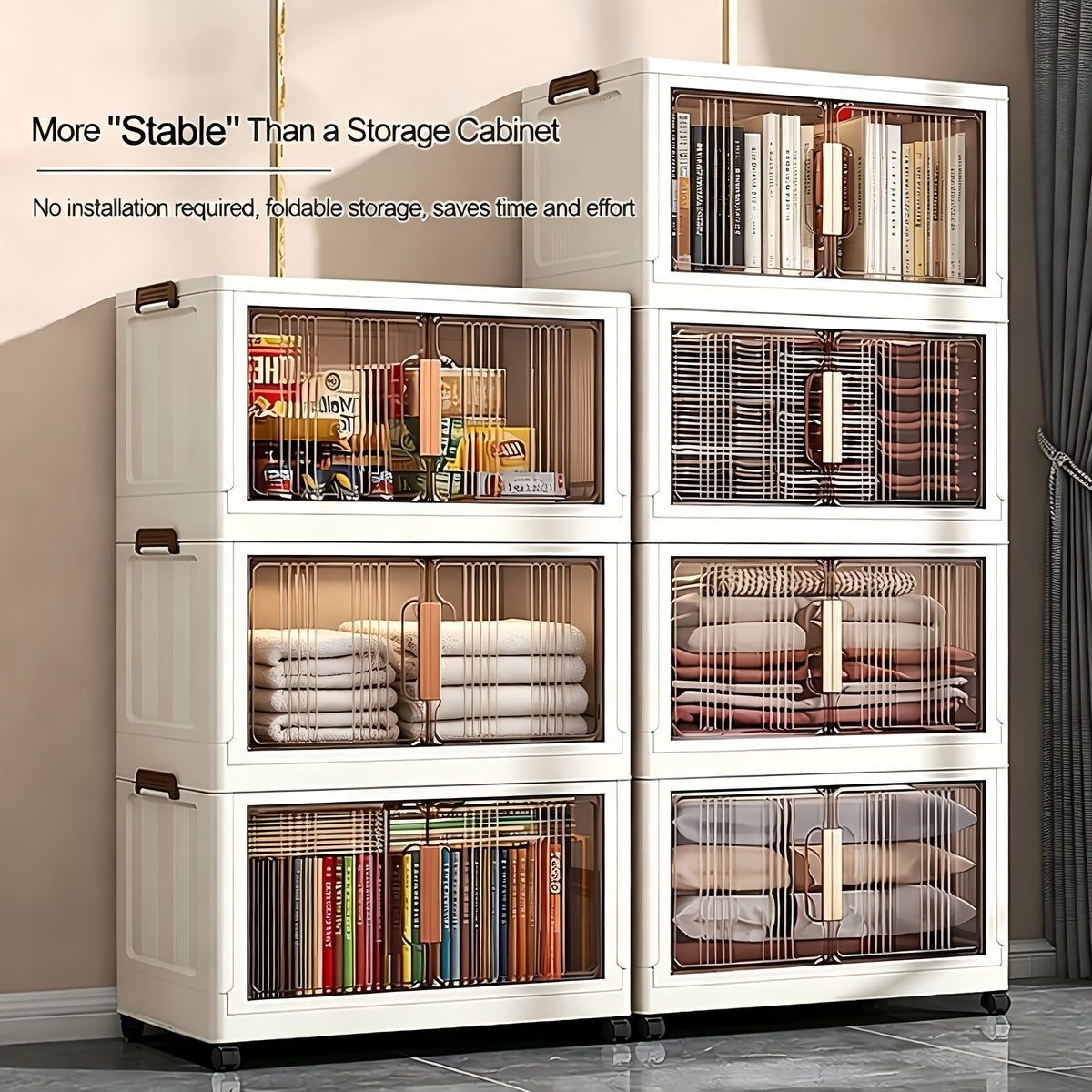 1/3/4/5-Tier 34.7" Extra-Large Folding Storage Trunks with Lids, Stackable Plastic Bins on Wheels, Collapsible Organizer for Closet, Bedroom, Office, Kitchen, And More - Foldable Storage Lockers And Room Decor