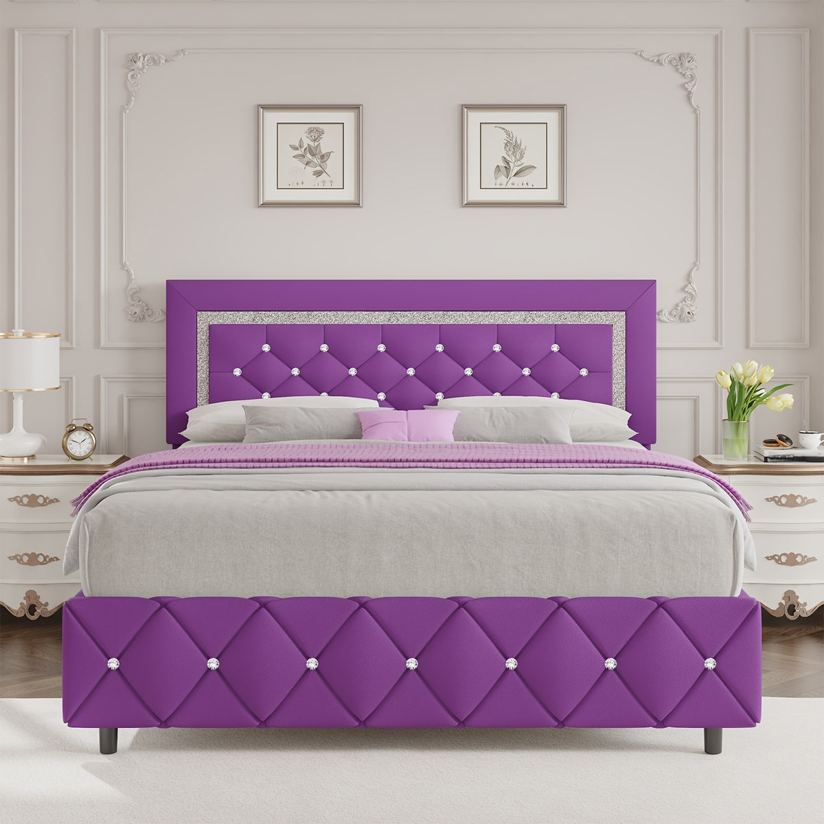 4ever2buy Twin Full Queen King Platform Bed Frame with Upholstered Diamond Headboard, Mattress Foundation with Strong Wooden Slats Support, No Box Spring Needed, Easy Assembly, Valentine's Day Gifts, Pearlized White, Black, Pink, Green, Grey, Beige