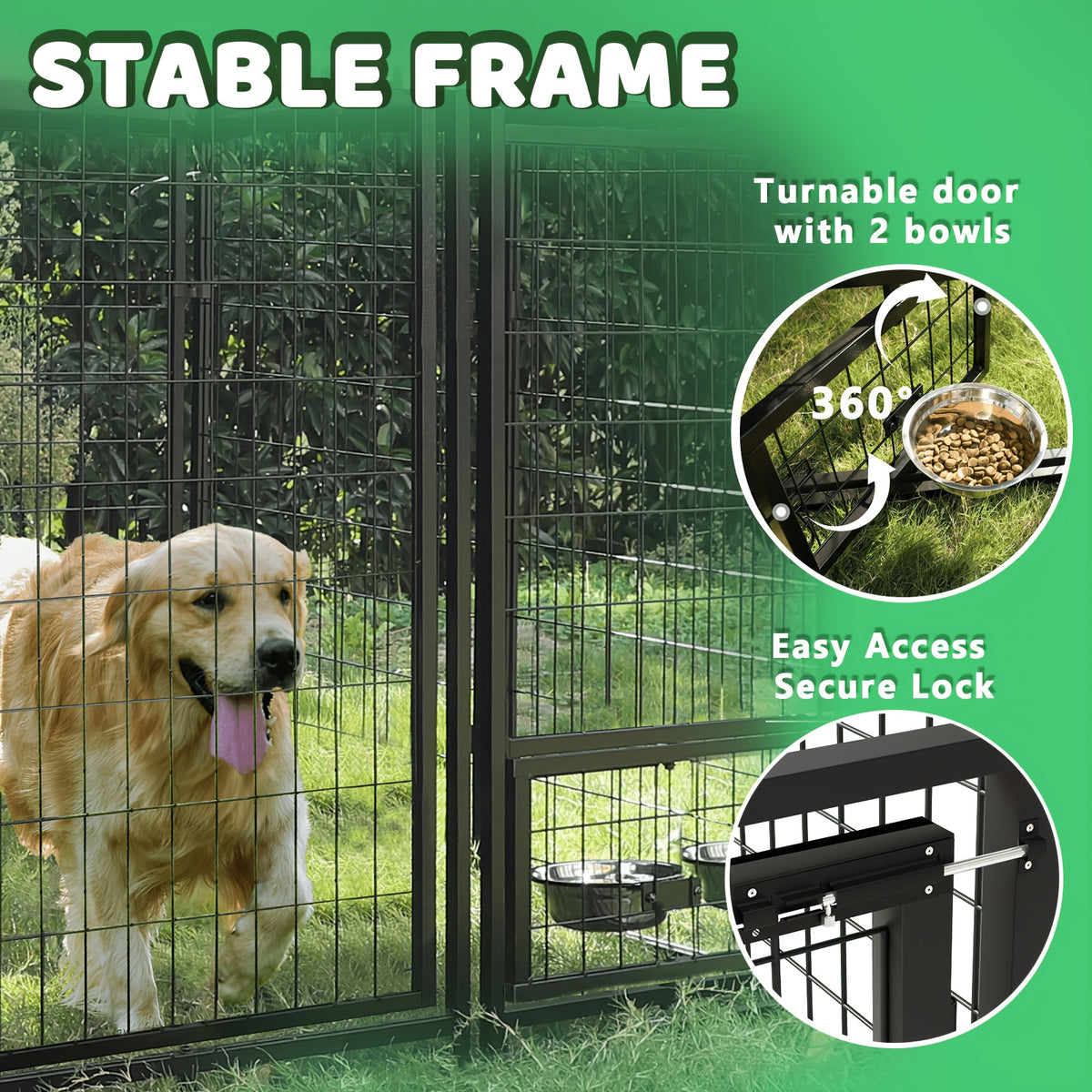 Outdoor Dog Kennel for Large Dogs, Heavy-duty Welded Wire Steel Dog Playpen Fence with Secure Lock, Rotating Dog Bow, Pet Run with UV-Resistant