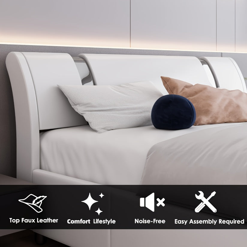 Contemporary Platform Bed Frame Made of Faux Leather, Featuring Iron Metal Accents, an Adjustable Headboard, And Wooden Slats for Support, Eliminating The Need for a Box Spring