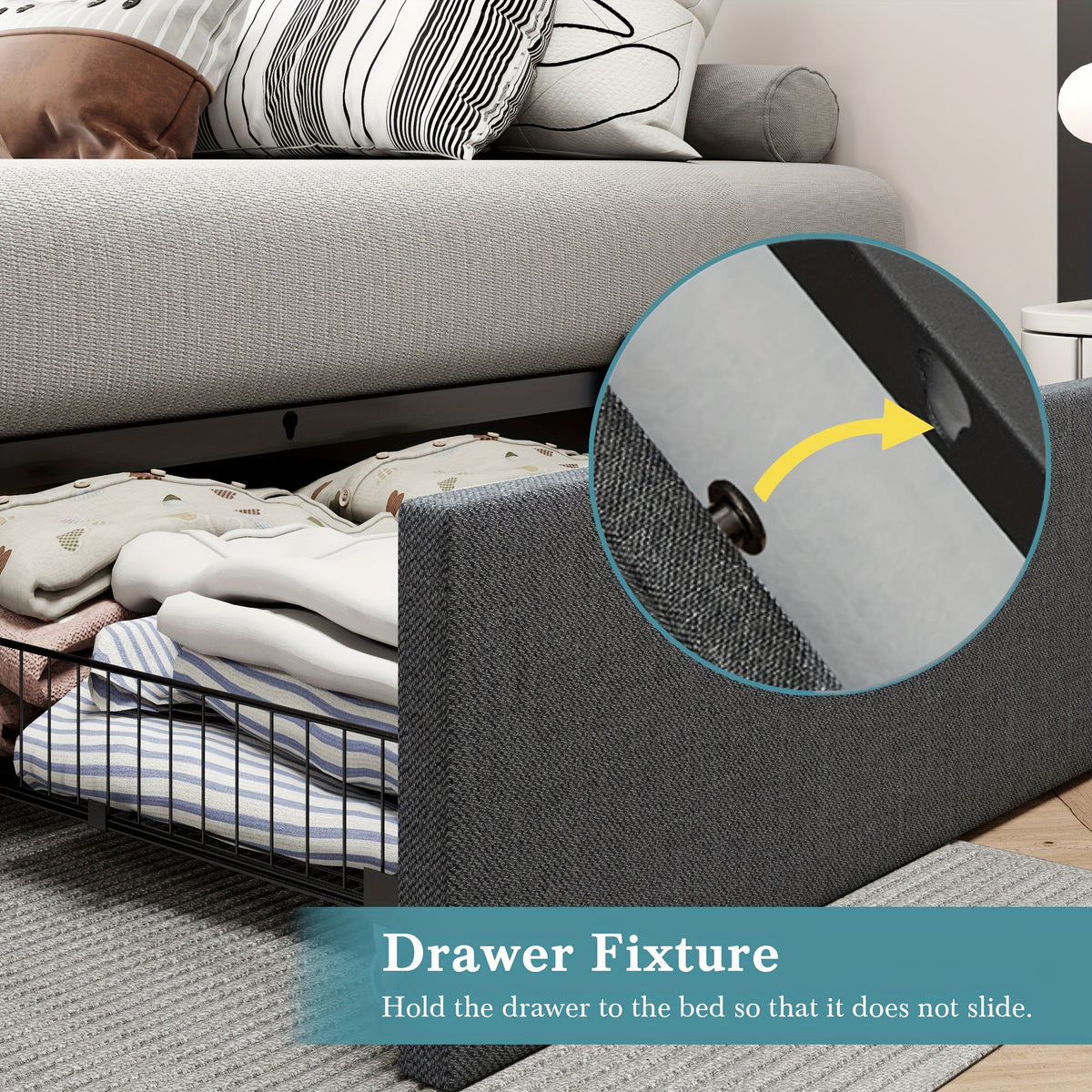 HOOMIC Full/Queen Size Platform Bed Frame with 3 Storage Drawers, Linen Fabric/Faux Leather Upholstered, Headboard Compatible, Wooden Slat Support, No Box Spring Needed, Noise Free, Dark Grey/Black