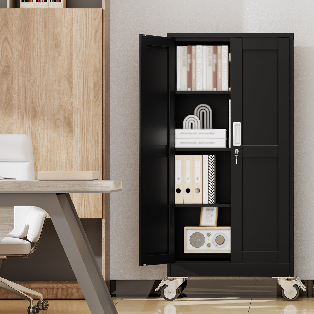 61/71/75 Inch High Wheeled Metal Storage Cabinet with 2 Doors And Adjustable Partitions, Metal Filing Cabinet, Suitable for Home Offices, Kitchens, Warehouses, And Garages