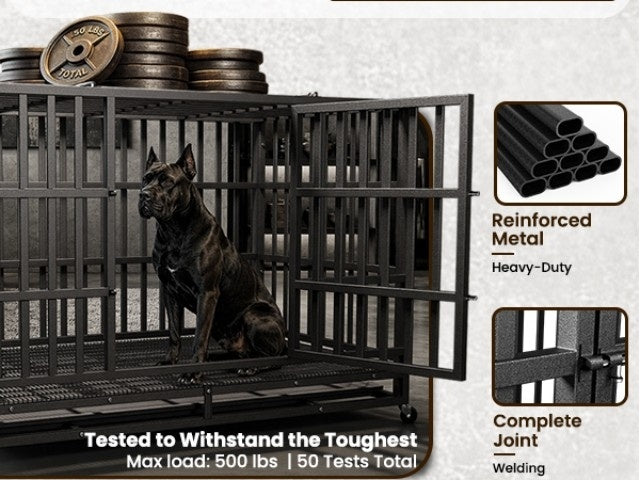 [With Wheels] 42 IN/48IN Heavy Duty Dog Crate Metal Dog Cage With Wheels And Escape-Proof Locks Double Doors Top Opening Large Dog Kennel Removable Tray Easy Assembly Chew-Proof For Big Dogs