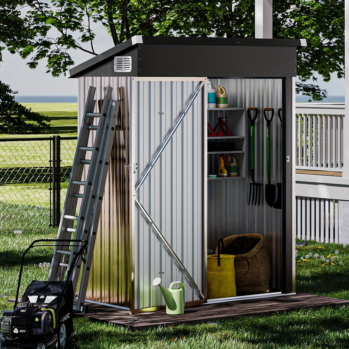 Nordivale Outdoor Trash Can Storage Shed - 2.6x5 Ft Metal Lockable Garbage Bin Enclosure With Chain Lid, Waterproof Small Shed For Trash Cans, Lawn Mower & Garden Tools - Perfect For Garden, Backyard, & Patio Use