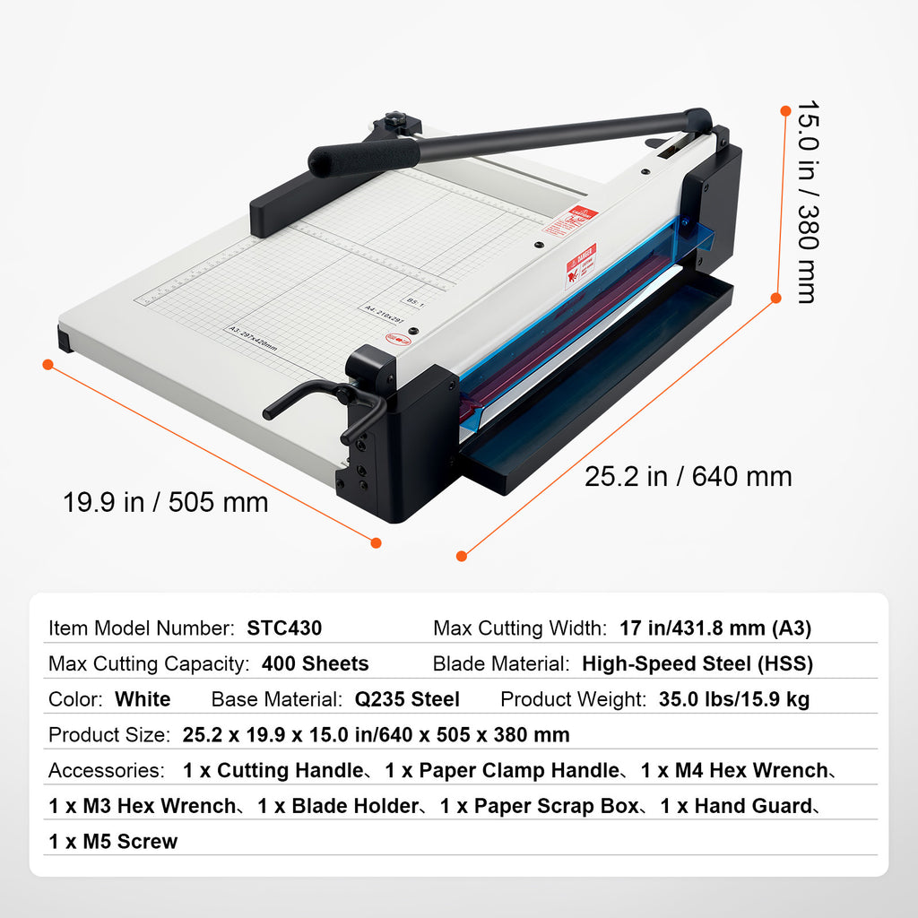 VEVOR Paper Cutter 12/17 inch A3/A4 Guillotine Paper Trimmer 400 Sheet Capacity Metal Base