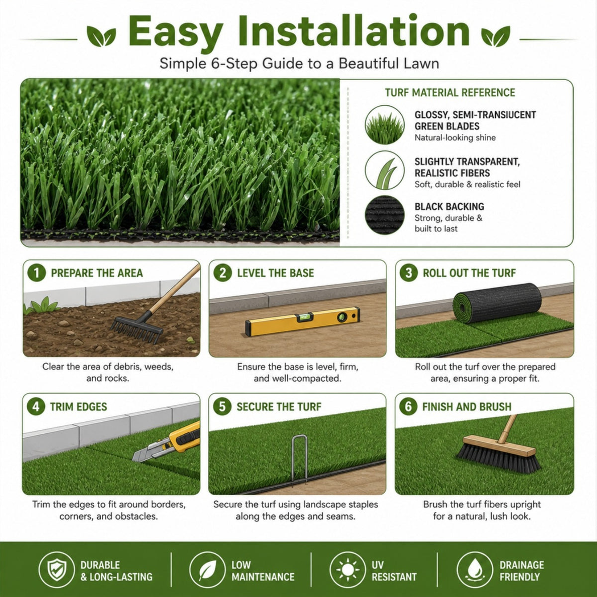 6 X 25 Ft Artificial Grass Turf, 0.65 in Pile Height Synthetic Lawn Rug, Realistic Fake Grass Carpet for Patio, Backyard, Garden, Balcony, Pets, Indoor Outdoor Landscaping