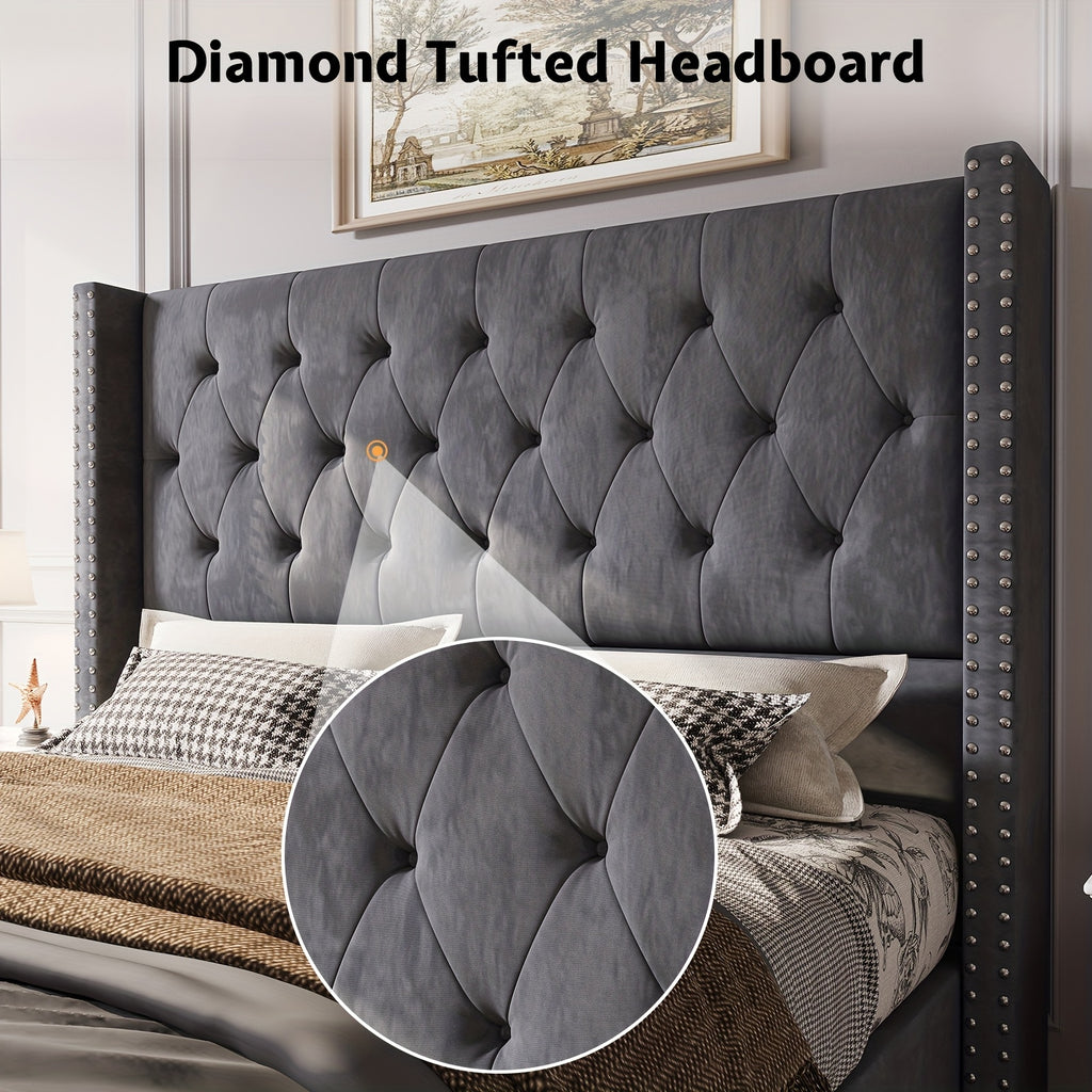 Papajet Velvet Upholstered Bed Frame with Wingback Headboard, No Box Spring Required