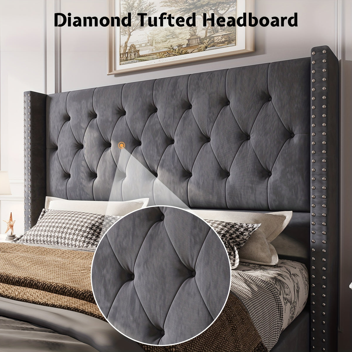 Papajet Velvet Upholstered Bed Frame with Wingback Headboard, No Box Spring Required