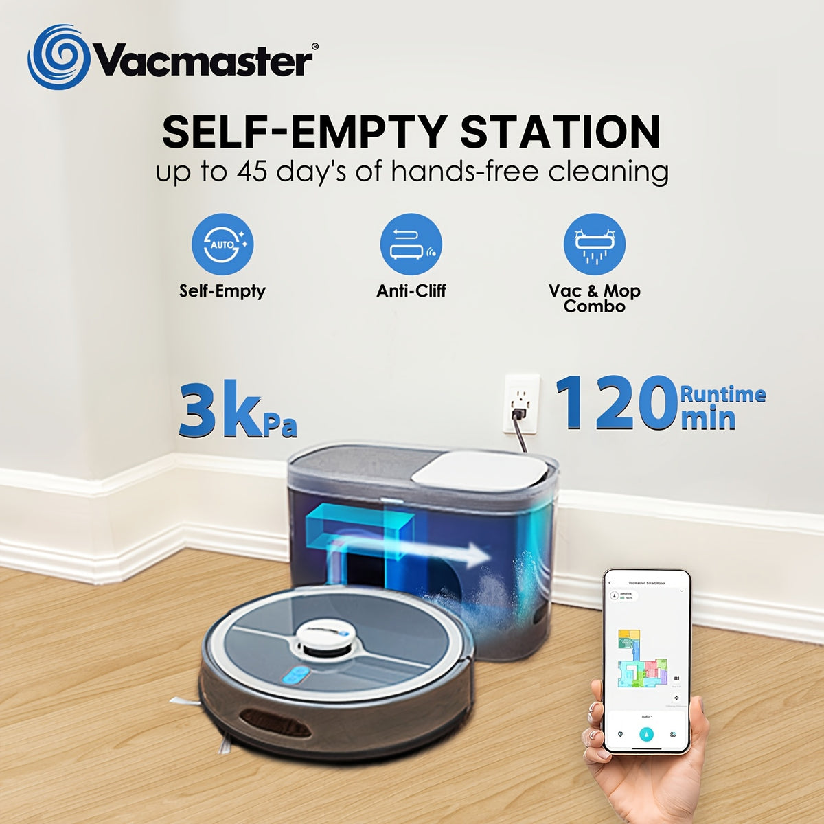 Vacmaster 3-in-1 Robotic Vacuum Cleaner and Mop Combo Pet Companion with Self-Empty Station for 45 Days, LiDAR Navigation, 3000Pa Strong Suction, Multi-Floor Mapping for Homes with Pets, Carpet & Hard Floors