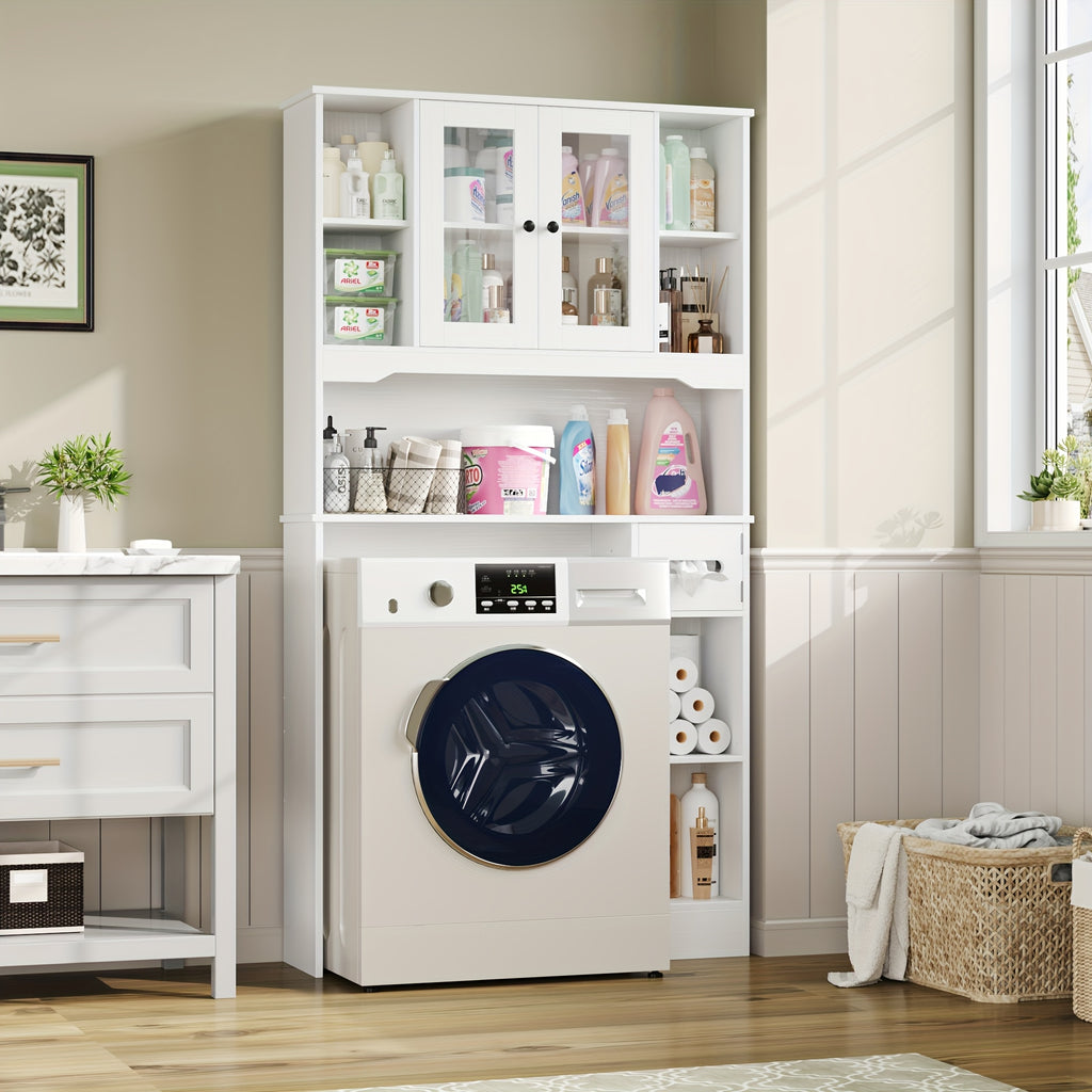 Storage Cabinet for Above The Toilet, Featuring Glass Doors And a Paper Holder, Designed As a Bathroom Shelf to Save Space in Restrooms And Laundry Areas