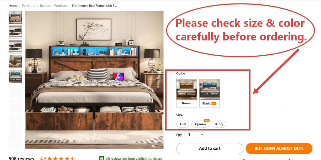 Farmhouse Bed Frame with Storage Headboard, LED Lights, Charging Station and 2 Drawers, Arrow Design, No Box Spring Needed, Rustic Brown