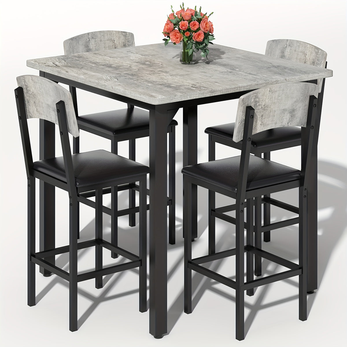 5pcs Dining Table and Chair Set, Modern Contemporary Kitchen Furniture with Upholstered Chairs, Rectangle Mixed Color Counter Height Table and 4 Bar Stools, Compact for Small Space, Imitation Marble Texture, Suitable for Living Room and Bar